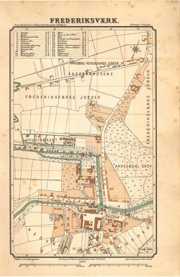 Ein detaillierter Stadtplan von Frederiksvark, Schweden aus dem Jahr 1885, der Straßen, Gebäude und Sehenswürdigkeiten zeigt.