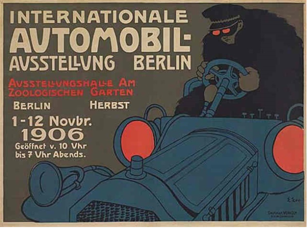 Ein Plakat, das eine internationale Automesse in Berlin ankündigt und eine Karikatur eines Menschen zeigt, der ein Auto fährt.