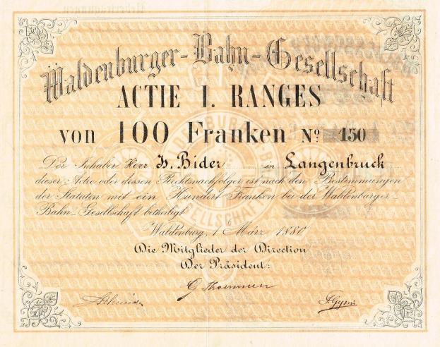 Altes deutsches Geldscheingeld mit einem Porträt eines Mannes und dem Text "Haldenburger-Balm Gesellschaft Aktie 1 Ranges".