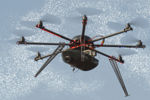 Schwarzer Drohne mit angehängter Kamera, die gegen einen weißen Hintergrund fliegt.