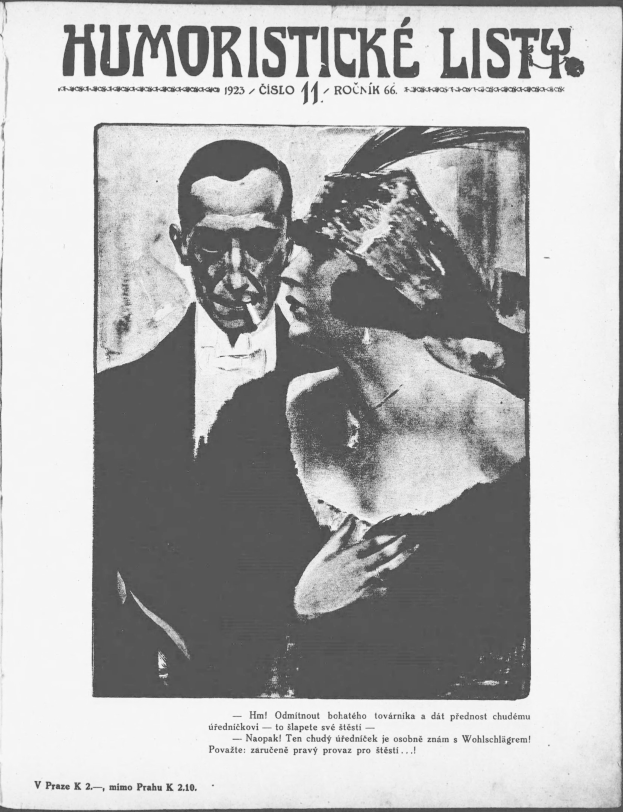 Schwarzes und weißes Magazin-Cover mit der Überschrift 'Humoristische Liste', das einen Mann in Anzug mit ernster Miene und eine Frau zeigt, die verschmitzt in die Ferne schaut.