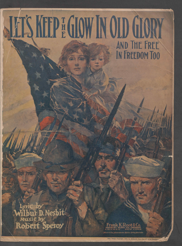Plakat mit dem Text "Lasst uns das Leuchten in Old Glory und die Freiheit in Freedom Too bewahren", das Menschen mit Waffen und eine amerikanische Flagge im Hintergrund zeigt.