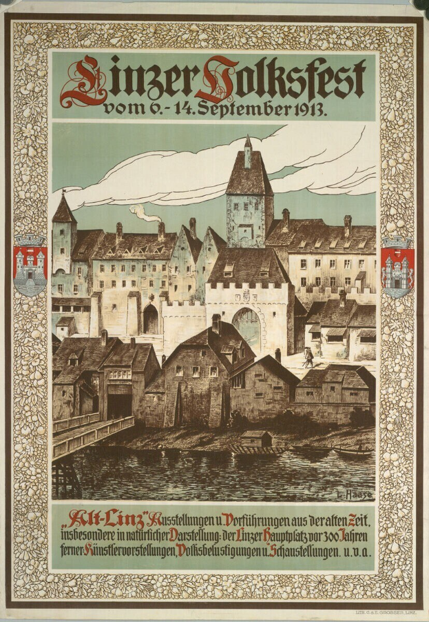 Plakat für ein deutsches Festival mit einer Illustration eines Schlosses umgeben von Häusern mit Text zu den Festivaldetails.