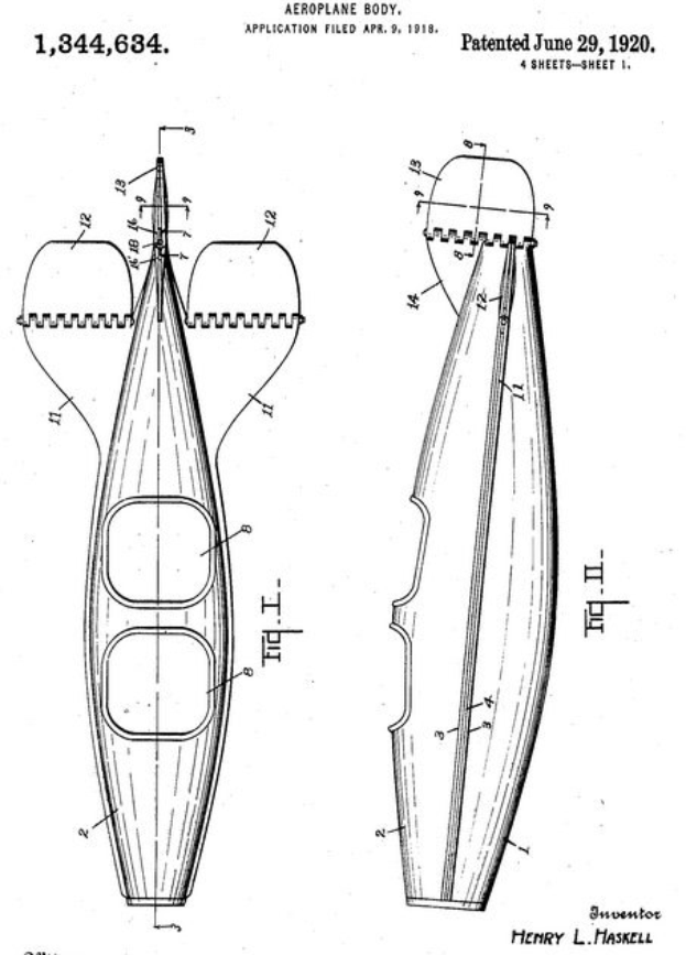 Schwarzes und weißes technisches Zeichnung eines Bootes mit einem Propeller, beschriftet als Patent für einen Flugzeugkörper, einschließlich Maße und beschreibenden Text.