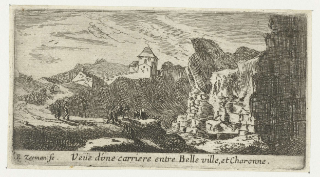 Schwarze und weiße Radierung einer Berglandschaft mit einem Schloss im Hintergrund, Hühgeln und Menschen, mit Text unten.