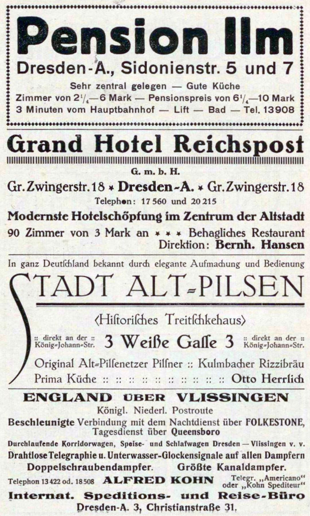 Schwarz-weiß-Anzeige für eine Pensionspension in Dresden, Deutschland, gedruckt im Stil alter Zeitungen.