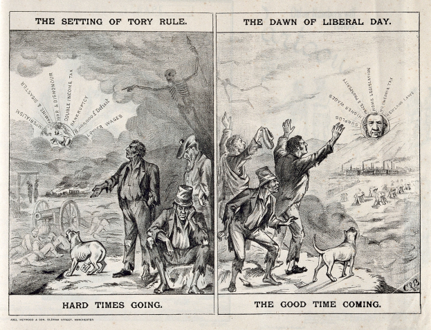 Schwarze und weiße Illustration, die eine Szene zeigt, die Tory-Regelung und den Beginn der Liberalismus-Dämmerung gegenüberstellt, mit Menschen, Tieren und Gegenständen.