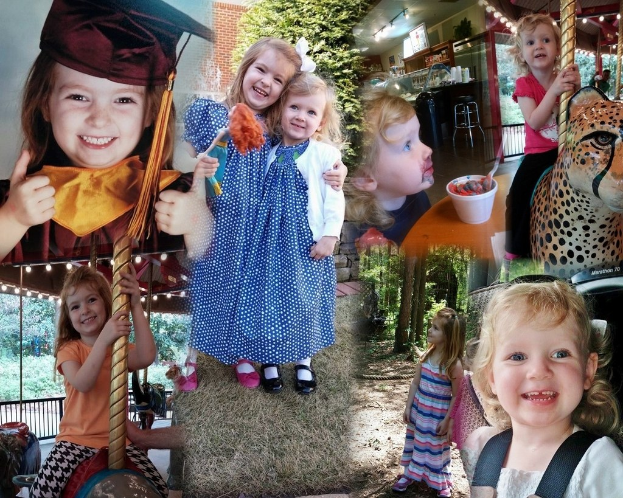 Ein Collage mit Vergnügungsparks, einem Tisch mit Lebensmitteln wie eine Tasse und Löffel, verschiedenen Gegenständen, Lichtern, einer Wand, Büschen, Bäumen, Gras, einem Seil und einem Hut.