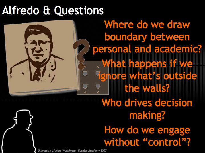 Ein Plakat mit einem Bild von Alfredo und Texten, die Fragen zu Grenzen, Entscheidungsfindung und Engagement stellen.