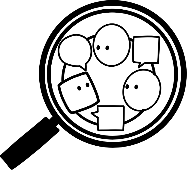 Ein Vergrößerungsglas schwebt über einer Gruppe von karikaturhaft, bunt kolorierten Menschen mit übertriebenen Zügen, jeder mit Sprechblasen, die verschiedene Nachrichten enthalten, was eine intensive Diskussion suggeriert.