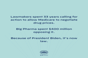 Blauer Hintergrund mit fetter weißer Schrift, die 'Lawmakers Spent 33 Years Calling for Action to Allow Medicare to Negotiate Drug Prices' lautet, und ein Logo unten.