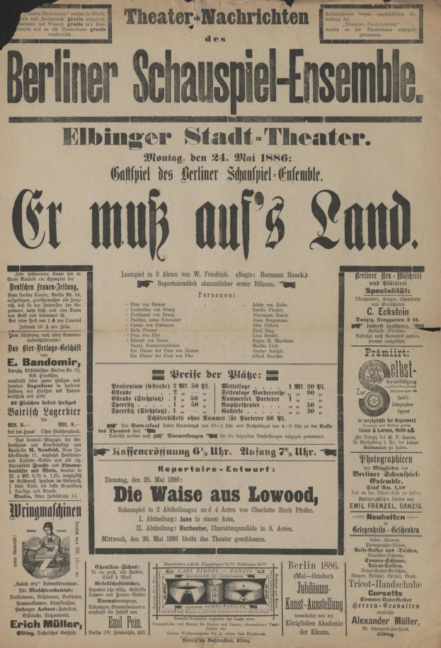 Eine alte Zeitungsanzeige aus dem Jahr 1866 für das Berliner Schauspiel-Ensemble, die einen Mann in Anzug und Krawatte zeigt.