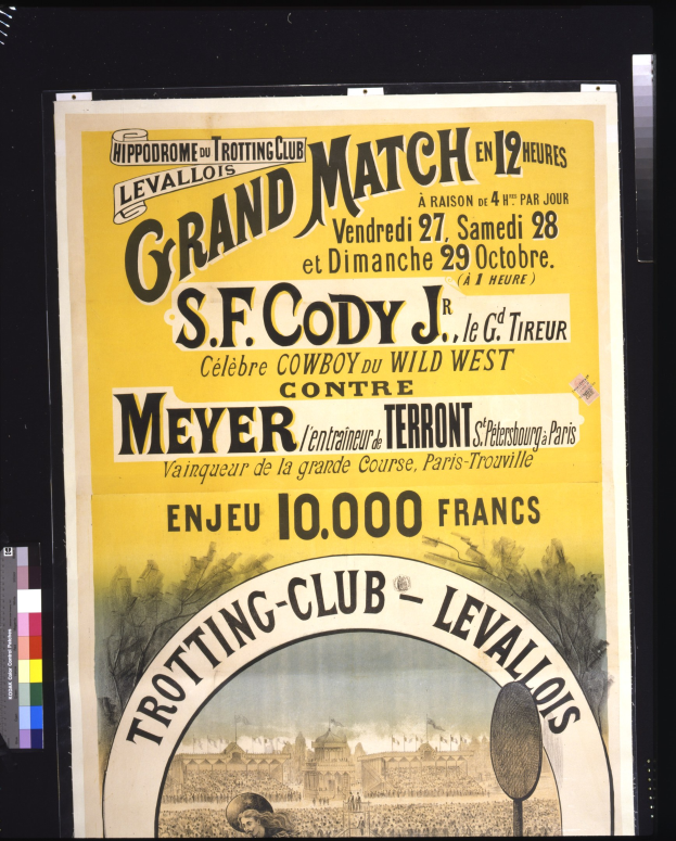 Alter Plakataufkleber für ein großes Match zwischen S.F. Cody und Meyer mit Textbeschreibung