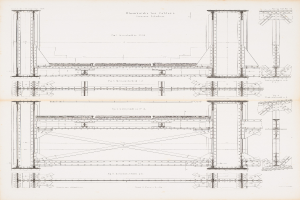 Ein detaillierter Bauplan für eine Brücke in einem Buch, der Balken, Kabel und andere konstruktive Komponenten zeigt.