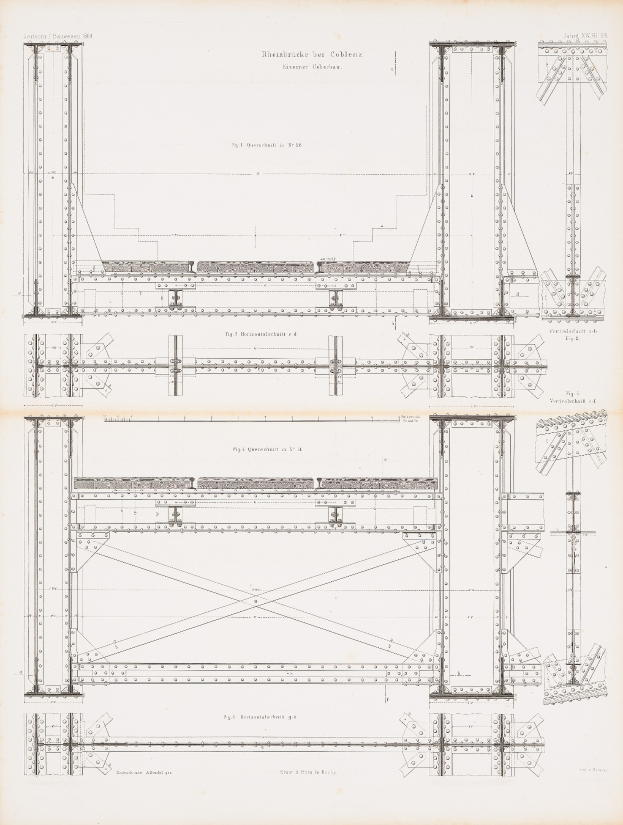 Ein detaillierter Bauplan für eine Brücke in einem Buch, der Balken, Kabel und andere konstruktive Komponenten zeigt.
