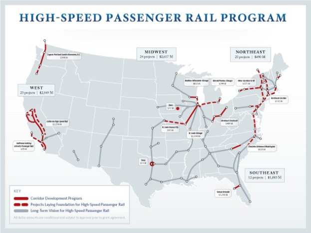 Detailierte Karte des U.S.-Hochgeschwindigkeits-Personenverkehrsprogramms, zeigt Routen und wichtige Standorte, begleitet von erklärendem Text.