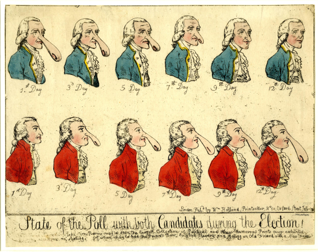 Ein Blatt Papier mit einer Zeichnung eines Mannes mit nachdenklichem Gesichtsausdruck, begleitet von dem Text "Wahlstand mit beiden Kandidaten während der Wahl".