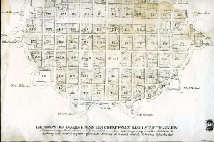 Ein detaillierter alter Stadtplan von Berlin, Deutschland, auf einem schwarzen Hintergrund, der Straßen, Gebäude und Sehenswürdigkeiten mit beschriftetem Text zeigt.