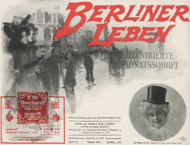 Werbeposter für das Berliner Leben Theater mit einer Frau im Zylinder und einem Mann im Anzug, mit Text, einem Stempel, einigen Menschen und Gebäuden im Hintergrund.