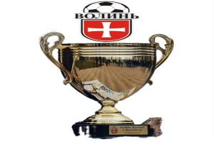 Ein goldener Pokal mit einem Fußball darauf, der ein Logo und Text trägt und vor einem weißen Hintergrund steht.