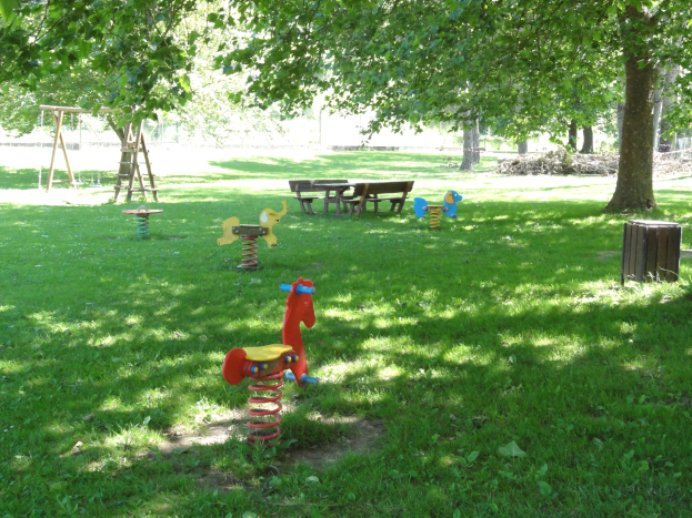 Ein Park mit Schaukeln, Bänken und einem Baum auf einer grünen Wiese, umgeben von üppigen Bäumen.