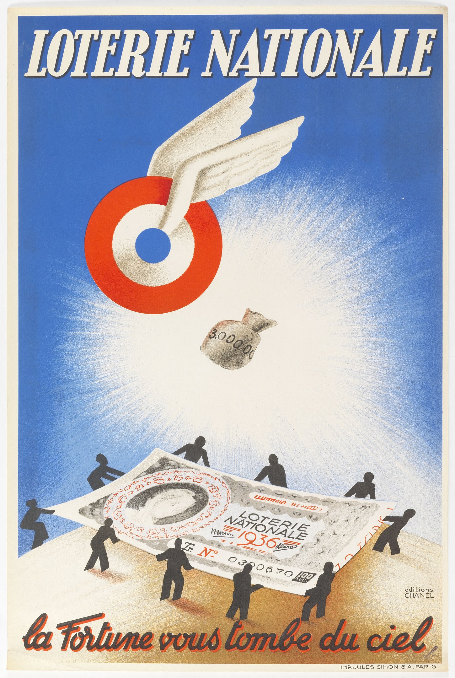 Ein Plakat für eine nationale Lotterie mit einem Bild eines Vogels, der über einen Geldhaufen fliegt, mit Text, der die Lotterie und ihre Vorteile beschreibt.