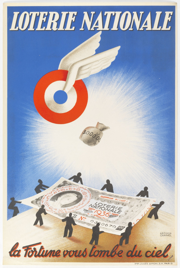 Ein Plakat für eine nationale Lotterie mit einem Bild eines Vogels, der über einen Geldhaufen fliegt, mit Text, der die Lotterie und ihre Vorteile beschreibt.