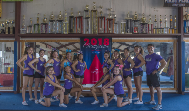 Gruppe von Cheerleadern in lila T-Shirts und schwarzen Shorts, die mit Trophäen vor einem Banner "2018 Summit Cheerleading Champions" posieren.