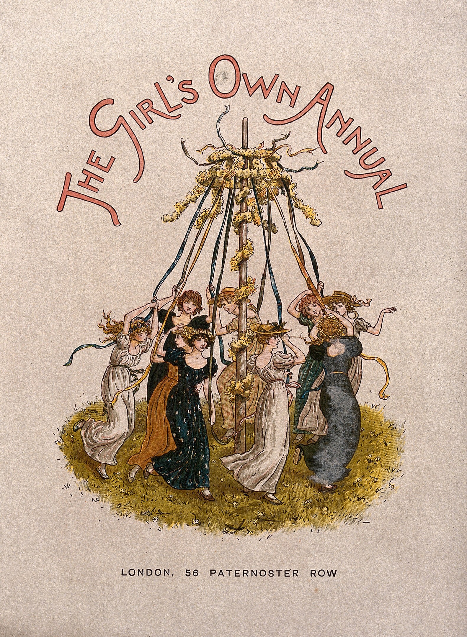 Illustration aus 'The Girl's Own Annual', die Menschen in bunten Kleidern um einen geschmückten Maibaum tanzen zeigt.