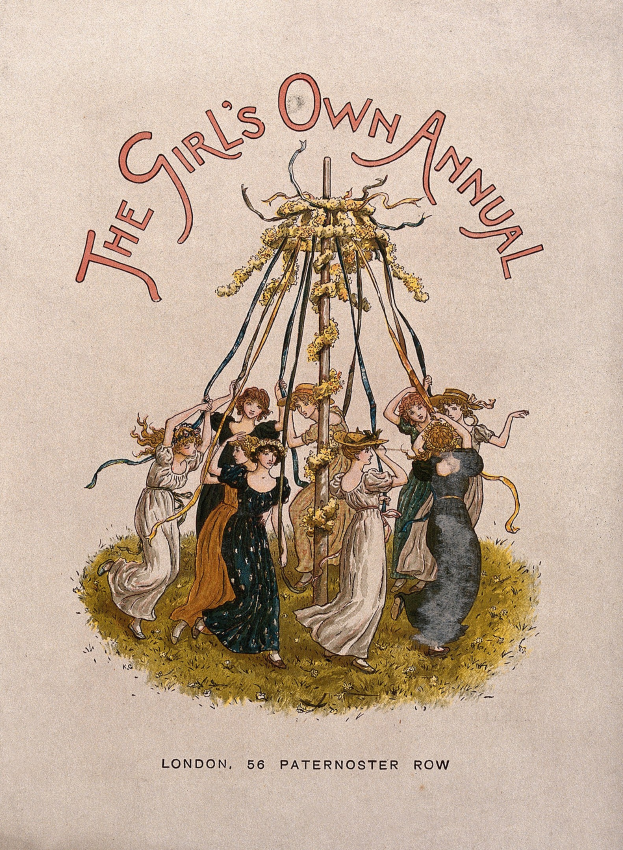 Illustration aus 'The Girl's Own Annual', die Menschen in bunten Kleidern um einen geschmückten Maibaum tanzen zeigt.