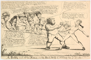 Ein Blatt Papier mit einer Zeichnung von zwei Menschen in einer hitzigen Diskussion, einer mit erhobenem Arm in defensiver Haltung und der andere mit gebeugtem Ellenbogen, vor einem tiefblauen Hintergrund mit funkelnden Sternen und der Überschrift "Ein Kampf aus dem Haus, oder die beste Art, den D Shute zu regeln" darüber in fetter, schwarzer Schrift.