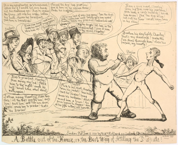 Ein Blatt Papier mit einer Zeichnung von zwei Menschen in einer hitzigen Diskussion, einer mit erhobenem Arm in defensiver Haltung und der andere mit gebeugtem Ellenbogen, vor einem tiefblauen Hintergrund mit funkelnden Sternen und der Überschrift "Ein Kampf aus dem Haus, oder die beste Art, den D Shute zu regeln" darüber in fetter, schwarzer Schrift.