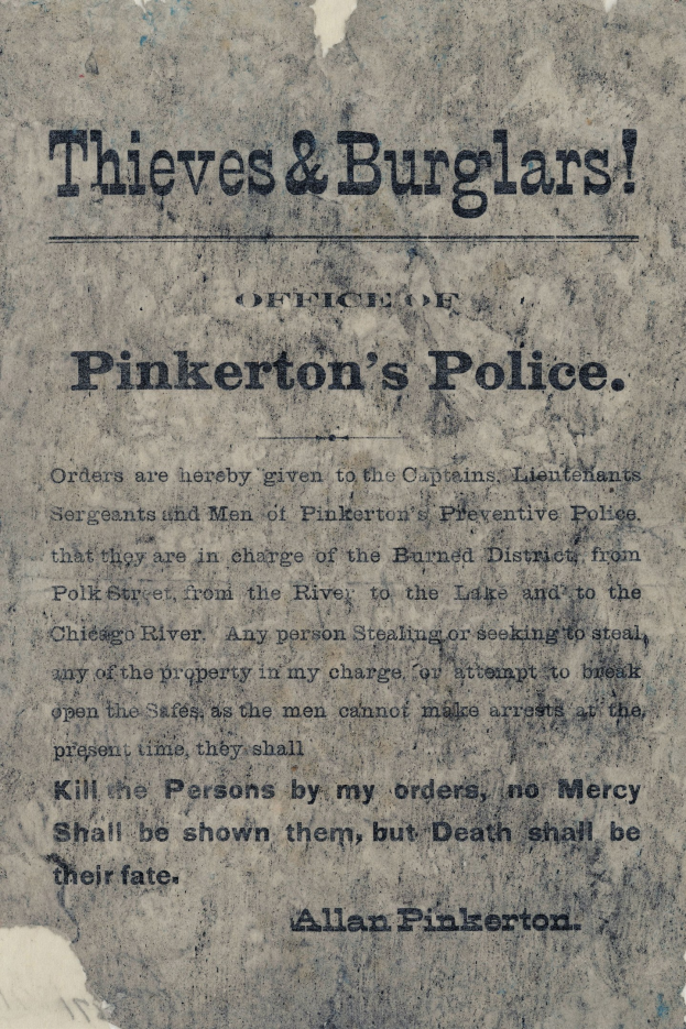 Plakat mit fetter schwarzer Schrift "Diebe & Einbrecher Pinkertons Polizei" in der Mitte auf weißem Hintergrund eingerahmt von einem dünnen schwarzen Rand.