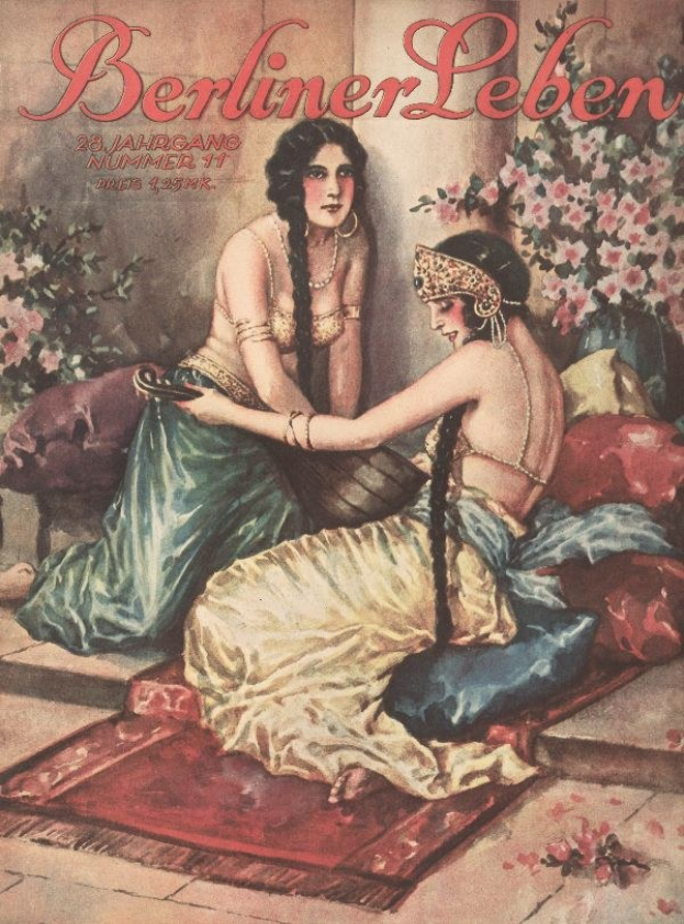 Plakat von zwei Frauen auf einem Bett mit Kissen und Pflanzen, mit dem Text "Berliner Leben Magazin-Cover von Oktober 1931" oben.