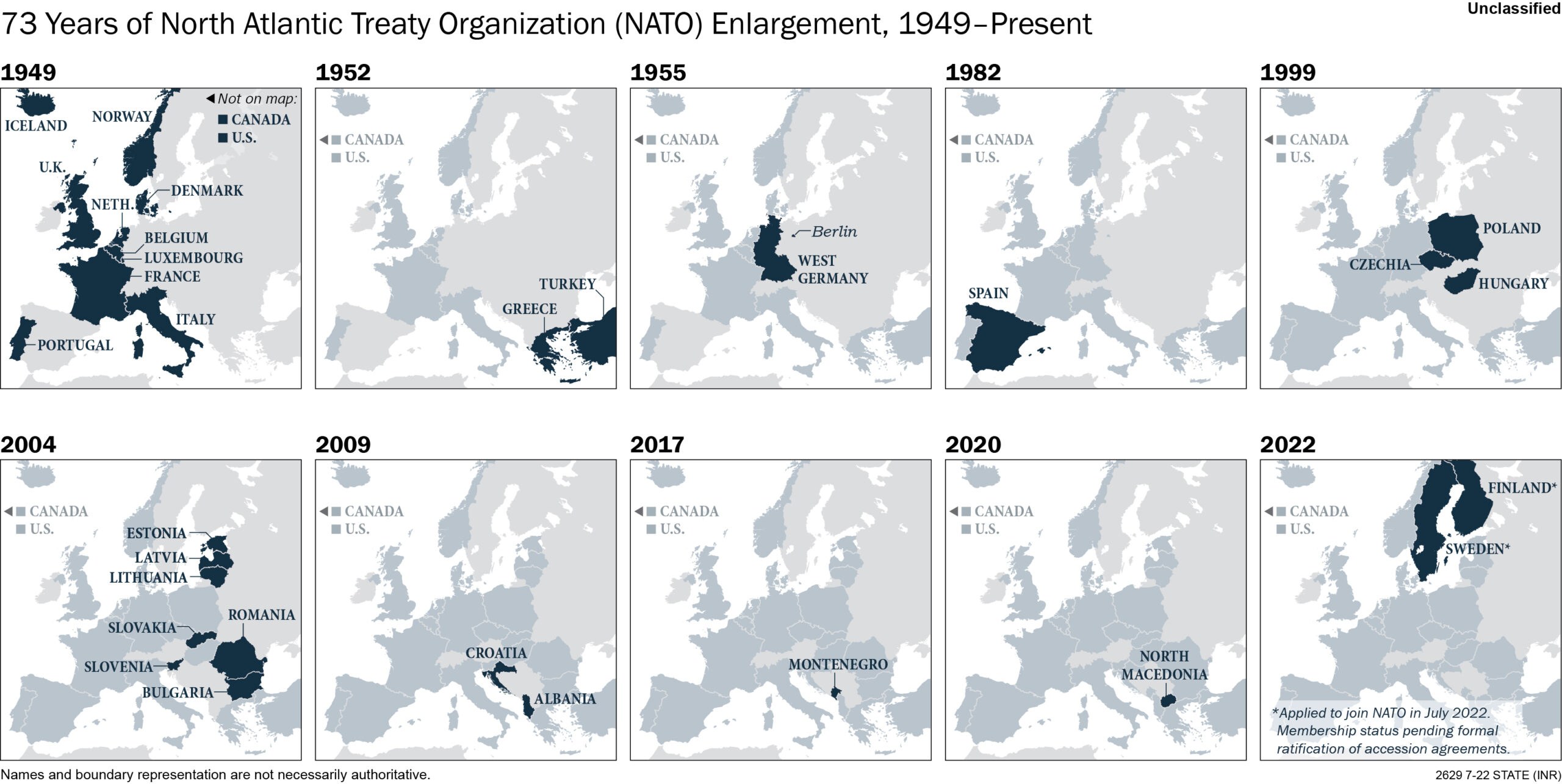 Karte der NATO-Erweiterung von 1949 bis heute, die die Erweiterung der Organisation in verschiedenen Regionen und Jahren zeigt.