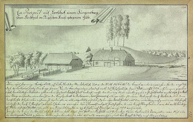 Schwarz-weiß-Illustration einer Farm in Surgensburg, Deutschland, mit Häusern, Bäumen und Himmel, beschriftet mit "Surgensburg, Deutschland - Landschaft einer Farm" auf altem Papier.