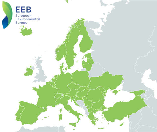 Eine Karte von Europa mit verschiedenen Grüntönen, um verschiedene Regionen anzuzeigen, und dem Logo des European Environmental Bureau in der linken oberen Ecke.