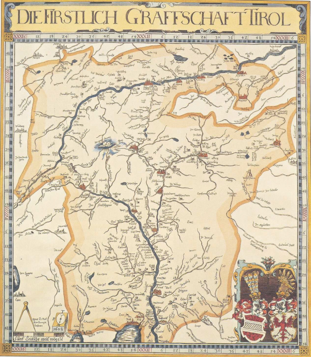 Ein Plakat einer historischen Karte der ersten Grafschaft Tirol, das geografische Merkmale wie Flüsse, Berge und Städte zeigt und von Texten über die Region und ihre Bewohner begleitet wird.
