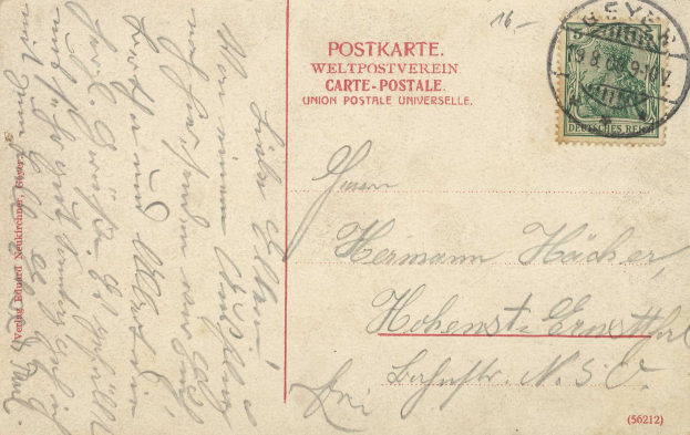 Eine alte Postkarte mit einer Briefmarke, die den Text 'Postkarte Weltpostverein' und 'Union Postale Universelle' zeigt, von Deutschland nach Deutschland gesendet.