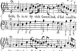 Ein Notenblatt mit den Textzeilen "Führe uns in deinen ganzen Rat, von Gott offenbart" und musikalischer Notation.