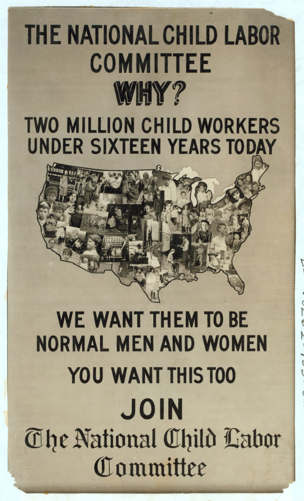Plakat mit der Aufschrift "Das Nationale Komitee für Kinderarbeit: Warum? Zweieinhalb Millionen Kinderarbeiter unter sechzehn Jahren heute" mit einer Karte der USA und Abbildungen von Komiteemitgliedern.