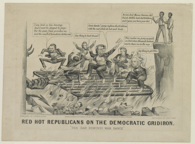 Eine politische Karikatur, die rote Figuren auf einem Gitterfeld zeigt, mit besorgten Gesichtern und erhobenen Armen, begleitet von fetter schwarzer Schrift.