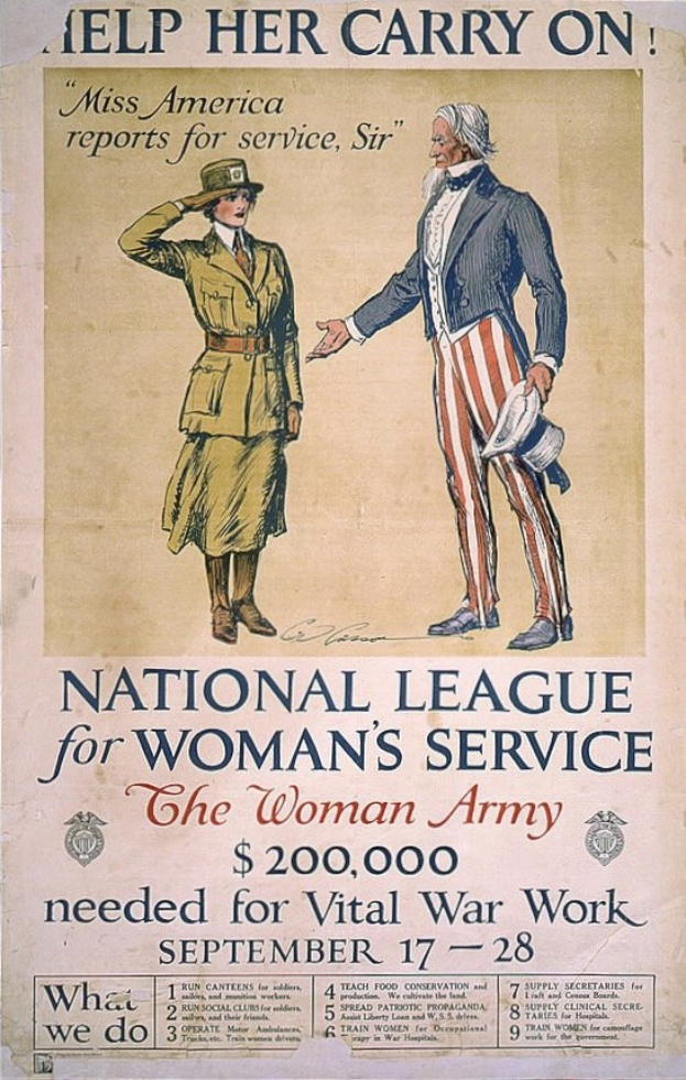 Ein Plakat für die Nationalen Liga für den Frauen-Dienst mit zwei Personen nebeneinanderstehend und Text, der Informationen über die Organisation bereitstellt.