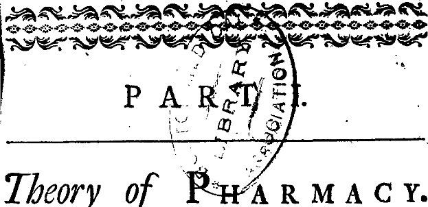 Eine Schwarz-Weiß-Zeichnung einer Briefmarke mit der Aufschrift "Pharmazeutische Theorie" und einem dekorativen Rahmen drumherum.