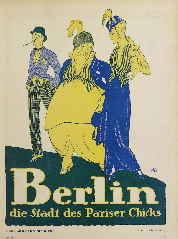 Ein Konzertplakat für Berlin, Deutschland, mit der Aufschrift "Berlin - Die Stadt des Pariser Chicks", das eine Gruppe von Menschen in bunter Kleidung vor einem Gebäude zeigt.