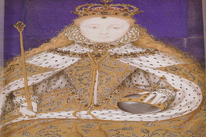 Gemälde der Queen Elizabeth I. von England in königlicher Kleidung, mit Krone, einen Stab haltend, mit Haaren im Dutt und einem würdevollen Gesichtsausdruck.