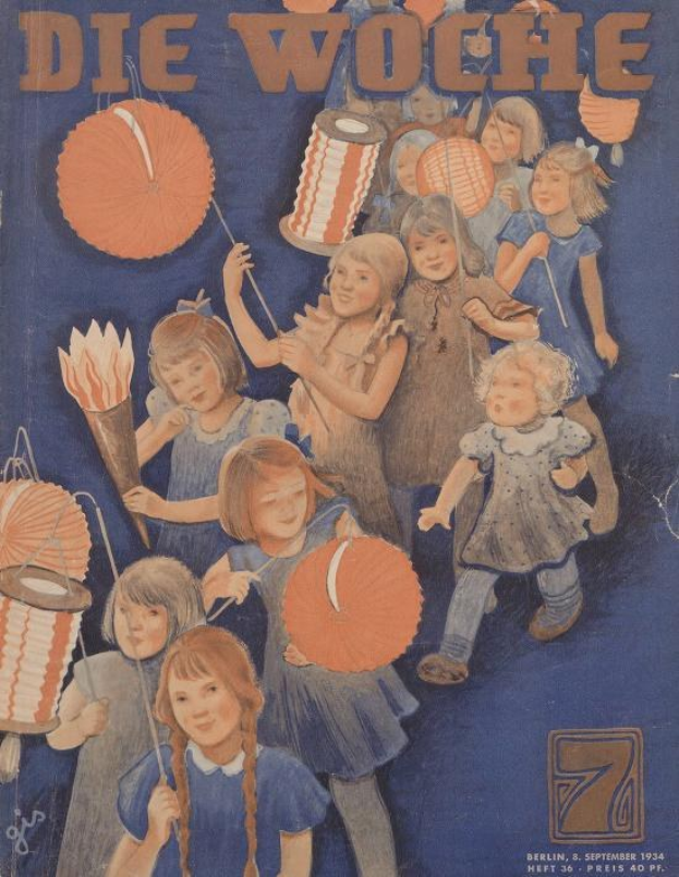 Titelbild der 'Die Woche'-Zeitschrift mit Kindern in traditioneller deutscher Tracht, die buntfarbige Papierlaternen halten und den 7. September 1934 feiern, mit dem Text 'Die Woche' sichtbar.