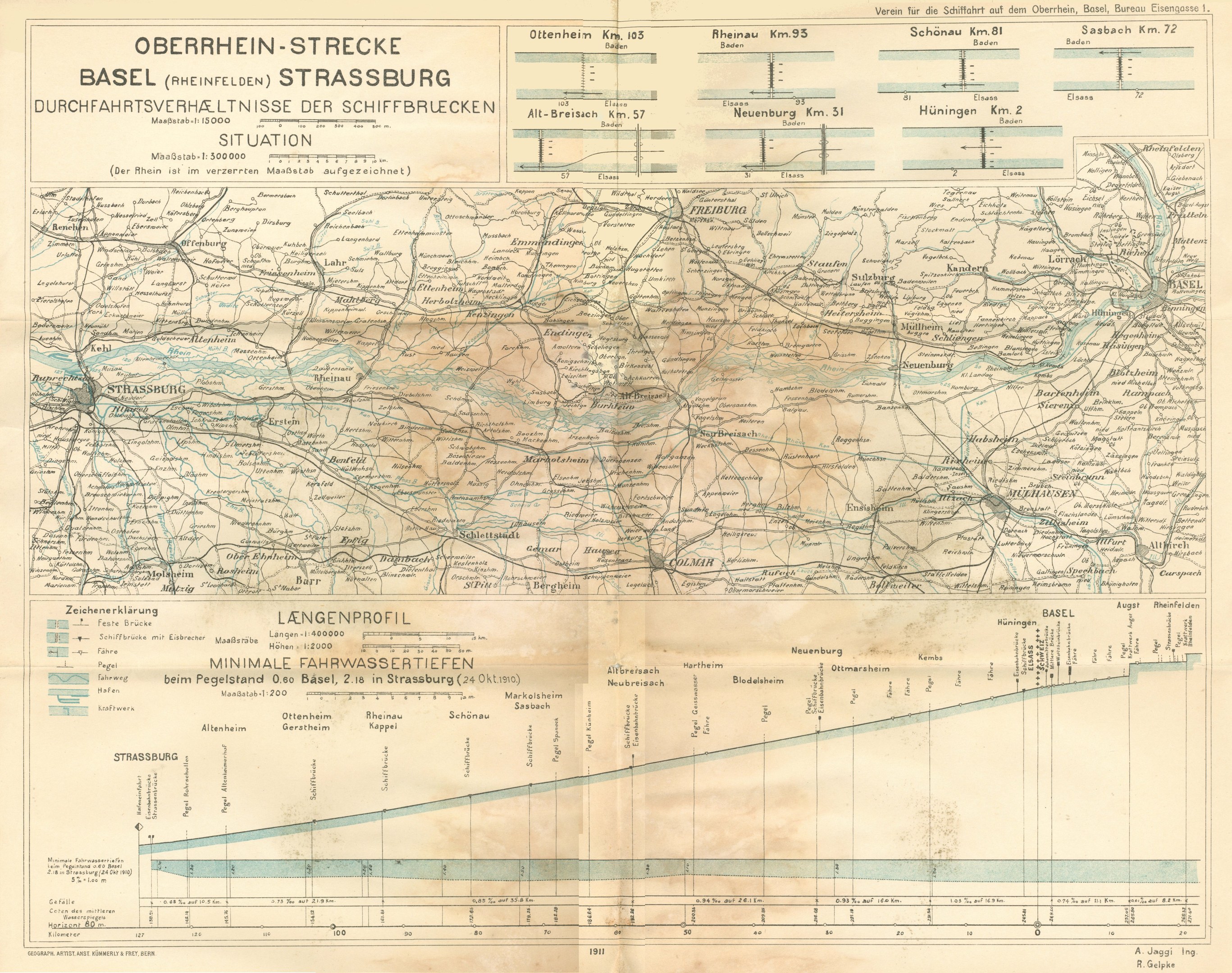 Alte Karte des Basel-Strasbourg-Gebiets in Deutschland, die das Ausmaß einer Eisenbahnlinie mit Text und Linien hervorhebt.