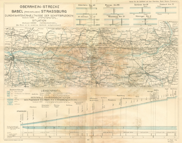 Alte Karte des Basel-Strasbourg-Gebiets in Deutschland, die das Ausmaß einer Eisenbahnlinie mit Text und Linien hervorhebt.
