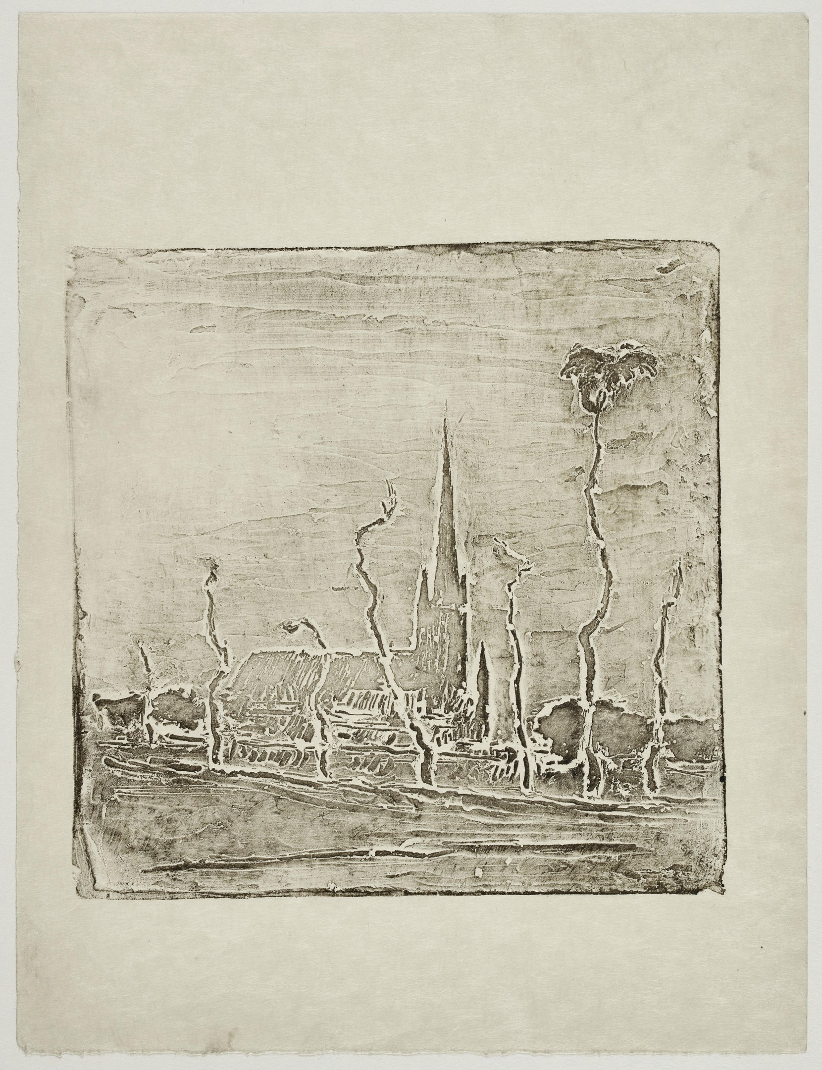 Schwarz-weiß-Zeichnung einer Stadtlandschaft mit einer Kirche im Hintergrund auf einem Blatt Papier.